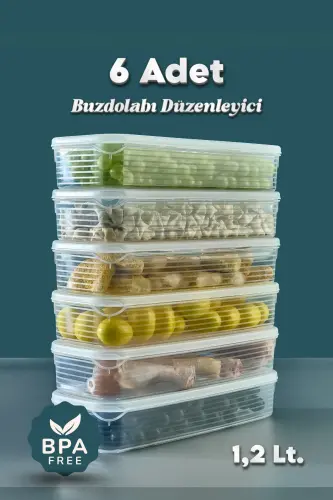 6 Adet 1,2 Litre Buzdolabı İçi Düzenleyici Saklama Kabı -Buzluk Saklama Kabı-6 LI 1,2 LT. 