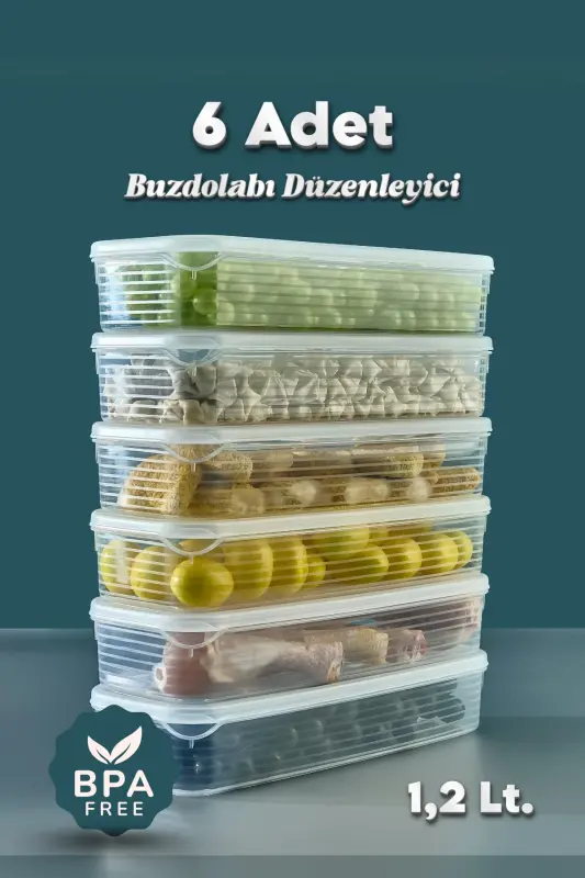 6 Adet 1,2 Litre Buzdolabı İçi Düzenleyici Saklama Kabı -Buzluk Saklama Kabı - 6 LI 1,2 LT. - GRIMORLIFE
