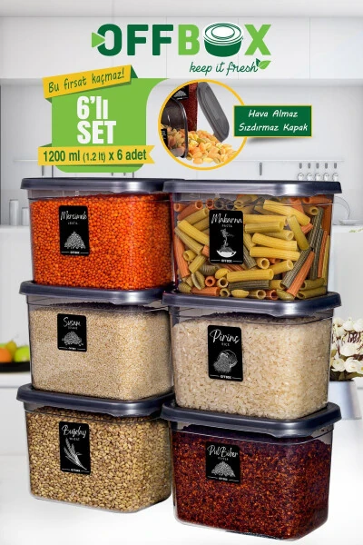 6 Adet 12 Parça 1,2 Litre Dikdörtgen Erzak Bakliyat Saklama Kabı Seti 20 Etiket Hediyeli-ANTRASİT - 11