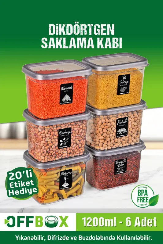 6 Adet 12 Parça 1,2 Litre Dikdörtgen Erzak Bakliyat Saklama Kabı Seti 20 Etiket Hediyeli - ANTRASİT - OFFBOX