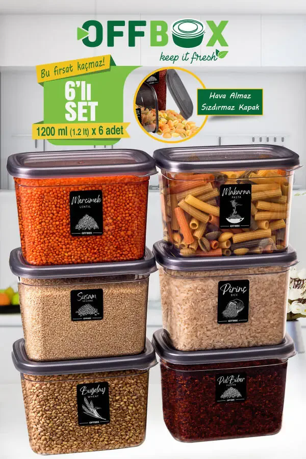 6 Adet 12 Parça 1,2 Litre Dikdörtgen Erzak Bakliyat Saklama Kabı Seti 20 Etiket Hediyeli-ANTRASİT - 3