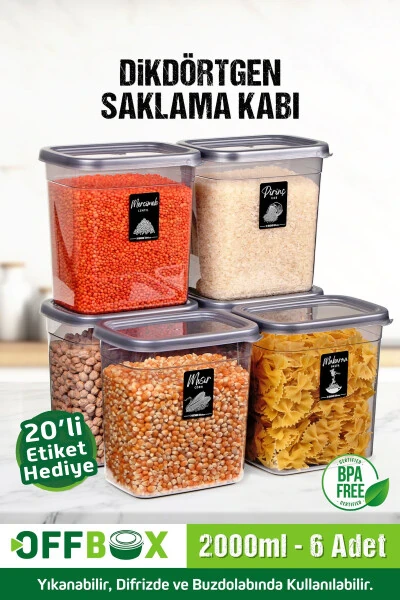 6 Adet 12 Parça Dikdörtgen 2 Litre Erzak Bakliyat Saklama Kabı Çeyiz Seti 20 Etiket Hediyeli-ANTRASİT - OFFBOX (1)
