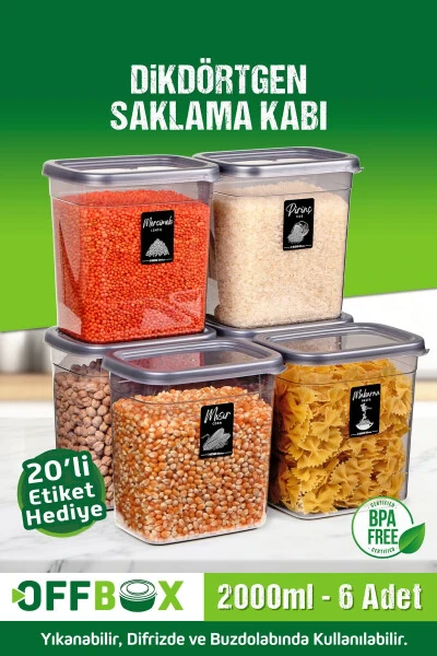 6 Adet 12 Parça Dikdörtgen 2 Litre Erzak Bakliyat Saklama Kabı Çeyiz Seti 20 Etiket Hediyeli-ANTRASİT - OFFBOX