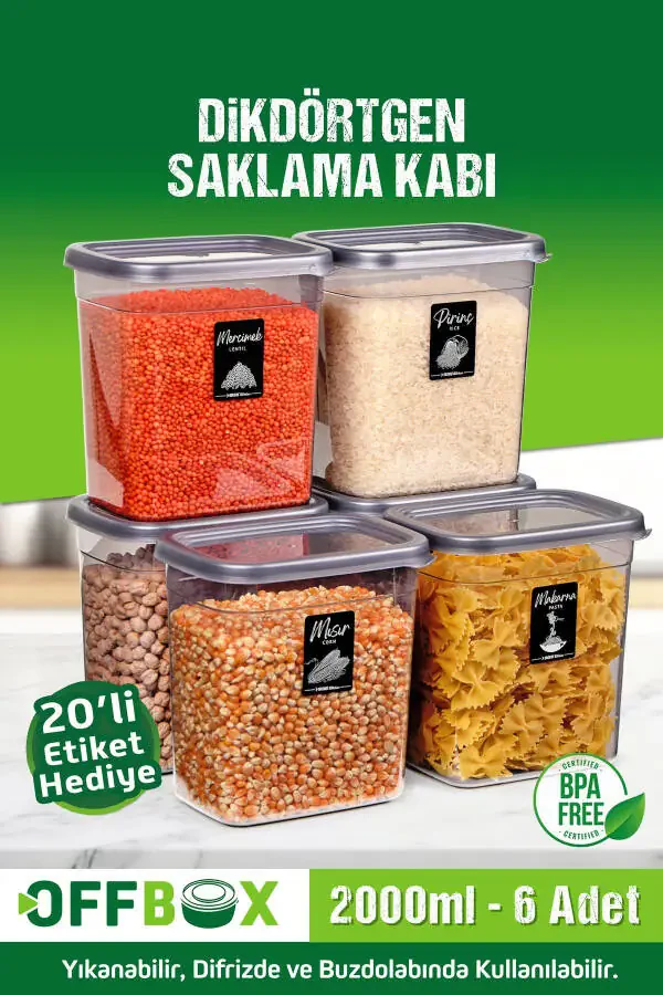 6 Adet 12 Parça Dikdörtgen 2 Litre Erzak Bakliyat Saklama Kabı Çeyiz Seti 20 Etiket Hediyeli-ANTRASİT - 1