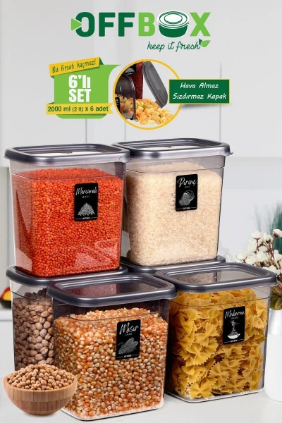 6 Adet 12 Parça Dikdörtgen 2 Litre Erzak Bakliyat Saklama Kabı Çeyiz Seti 20 Etiket Hediyeli-ANTRASİT - 3