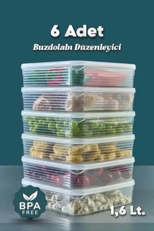 6 Adet 1,6 Litre Buzdolabı İçi Düzenleyici Saklama Kabı -Buzluk Saklama Kabı - 6 Lı 1,6 Lt. - GRIMORLIFE
