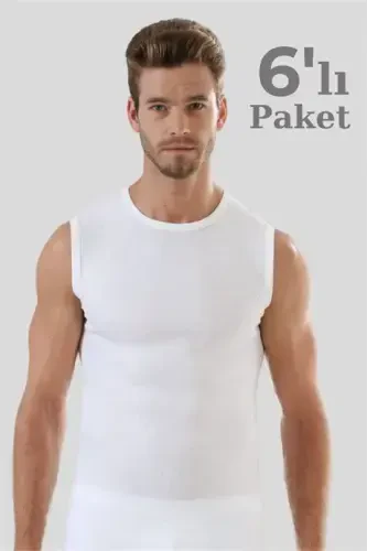 6 Adet Beyaz Kolsuz Erkek Atlet Yuvarlak Yaka Sıfır Kol Tişört %100 Pamuklu - 3