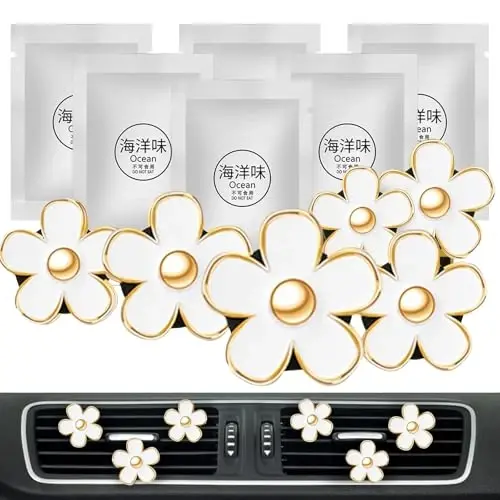 6 Pcs White Daisy Flower Air Freshener Outlet Clip Cars Conditioning Perfume Clips Charm Car Interior Decor Accessories for Women Girls Christmas Gifts - HICOMFLY