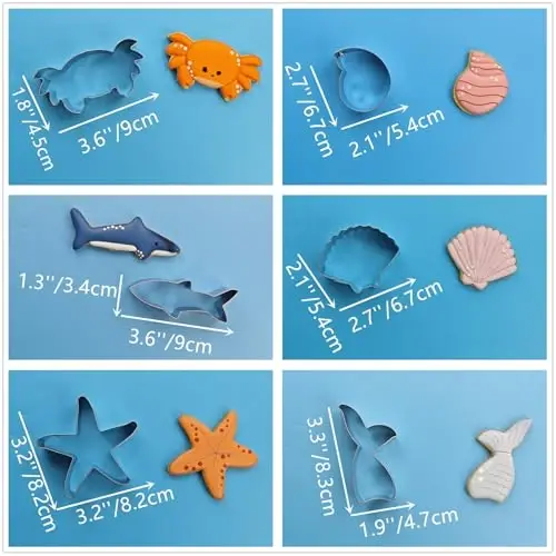 6 PCS Mermaid Cookie Cutters, Mermaid Tail,Starfish,Seashell, Shark, Crab Shapes Summer Themed Biscuits Molds Stainless Steel Metal Cutter for Kids Birthday Party Holidays - TUZICAKE (1)