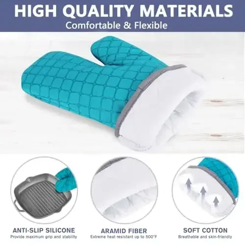 6 Pcs Oven Mitts and Pot Holders, 500℉ Heat Resistant Oven Mitts with Kitchen Towels Soft Cotton Lining and Non-Slip Silicone Surface Safe for Baking, Cooking, BBQ (Lake Blue) - 3