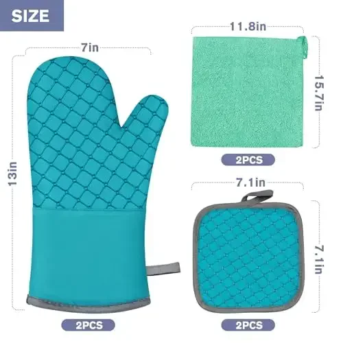 6 Pcs Oven Mitts and Pot Holders, 500℉ Heat Resistant Oven Mitts with Kitchen Towels Soft Cotton Lining and Non-Slip Silicone Surface Safe for Baking, Cooking, BBQ (Lake Blue) - 7