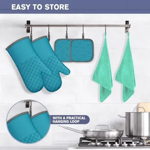 6 Pcs Oven Mitts and Pot Holders, 500℉ Heat Resistant Oven Mitts with Kitchen Towels Soft Cotton Lining and Non-Slip Silicone Surface Safe for Baking, Cooking, BBQ (Lake Blue) - 6