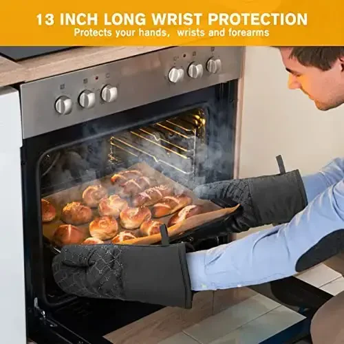 6 Pcs Oven Mitts and Pot Holders, 500℉ Heat Resistant Oven Mitts with Kitchen Towels Soft Cotton Lining and Non-Slip Silicone Surface Safe for Baking, Cooking, BBQ (Black) - 4