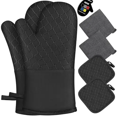6 Pcs Oven Mitts and Pot Holders, 500℉ Heat Resistant Oven Mitts with Kitchen Towels Soft Cotton Lining and Non-Slip Silicone Surface Safe for Baking, Cooking, BBQ (Black) 