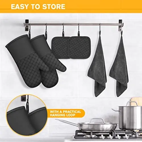 6 Pcs Oven Mitts and Pot Holders, 500℉ Heat Resistant Oven Mitts with Kitchen Towels Soft Cotton Lining and Non-Slip Silicone Surface Safe for Baking, Cooking, BBQ (Black) - 6