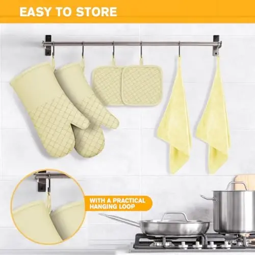 6 Pcs Oven Mitts and Pot Holders, 500℉ Heat Resistant Oven Mitts with Kitchen Towels Soft Cotton Lining and Non-Slip Silicone Surface Safe for Baking, Cooking, BBQ (Milkshake/Beige) - 6