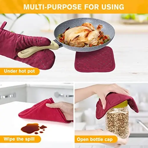 6 Pcs Oven Mitts and Pot Holders, 500℉ Heat Resistant Oven Mitts with Kitchen Towels Soft Cotton Lining and Non-Slip Silicone Surface Safe for Baking, Cooking, BBQ (Red) - 5