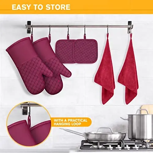 6 Pcs Oven Mitts and Pot Holders, 500℉ Heat Resistant Oven Mitts with Kitchen Towels Soft Cotton Lining and Non-Slip Silicone Surface Safe for Baking, Cooking, BBQ (Red) - 6