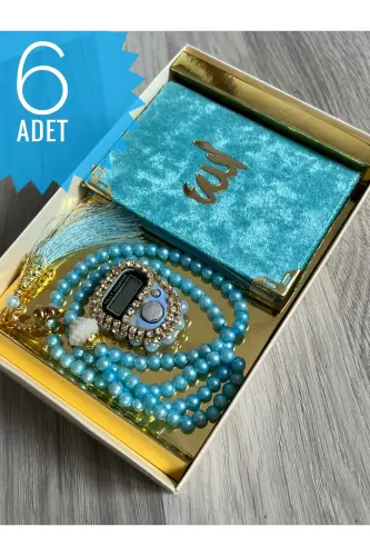 6 Adet Hediyelik Çeyizlik Kutulu Yasin Cüzü Tesbih Ve Taşlı Zikirmatik Setimiz-Turkuaz - 1