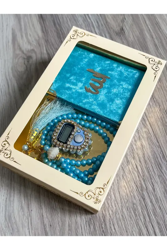 6 Adet Hediyelik Çeyizlik Kutulu Yasin Cüzü Tesbih Ve Taşlı Zikirmatik Setimiz-Turkuaz - 2