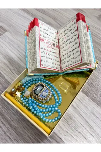 6 Adet Hediyelik Çeyizlik Kutulu Yasin Cüzü Tesbih Ve Taşlı Zikirmatik Setimiz-Turkuaz - 3