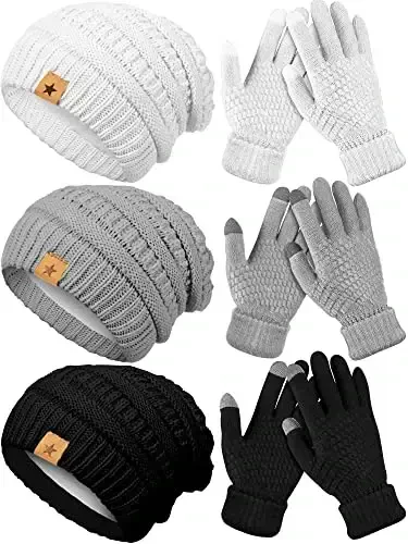 6 Pcs Women Winter Beanie Hat Gloves Set 3 Pcs Warm Knitted Hats and 3 Pairs Touchscreen Gloves Women Lady Cold Winter Gifts - 2