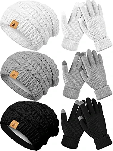 6 Pcs Women Winter Beanie Hat Gloves Set 3 Pcs Warm Knitted Hats and 3 Pairs Touchscreen Gloves Women Lady Cold Winter Gifts - Modazone (1)