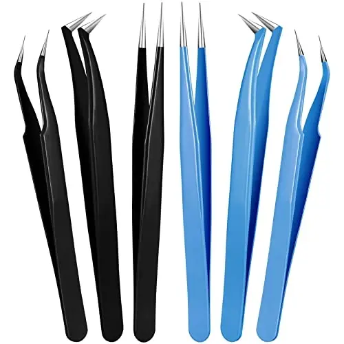 Honoson 6-Piece Lash Eyelash Extension Tweezer Set - Stainless Steel, Straight & Curved Tip Tools for Women Eyelash Extensions (Black, Blue) 