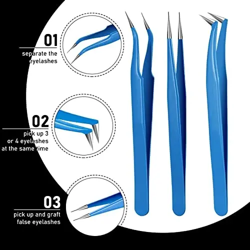Honoson 6-Piece Lash Eyelash Extension Tweezer Set - Stainless Steel, Straight & Curved Tip Tools for Women Eyelash Extensions (Black, Blue) - 3
