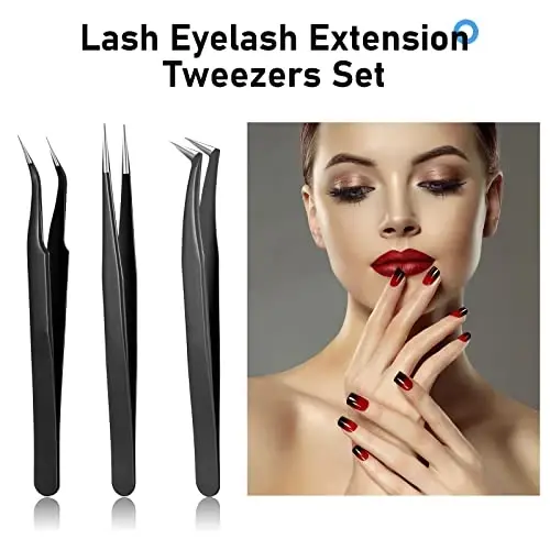 Honoson 6-Piece Lash Eyelash Extension Tweezer Set - Stainless Steel, Straight & Curved Tip Tools for Women Eyelash Extensions (Black, Blue) - 6