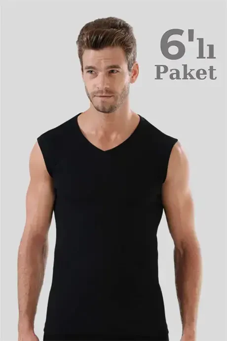 6 Adet Siyah Kolsuz Erkek Atlet V Yaka Sıfır Kol Tişört %100 Pamuklu - 2