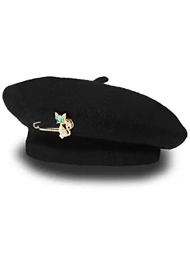 SATINIOR 6 Pieces Wool Beret Hat with Silky Scarf Brooch Solid Color French Beanie Hat for Women - 6
