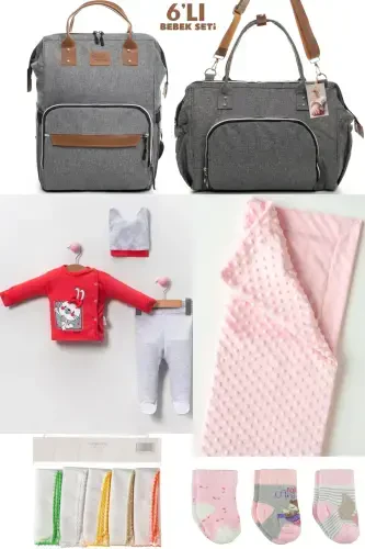 6 DOĞ'LI BEBEK SETİ (KASALXONA, ONA VA BEBEK PARVARISHI YELKA VA ORQA XALTA, ADIYAL, PAYPOQ VA RO'MOL) - KUL RANG - 1
