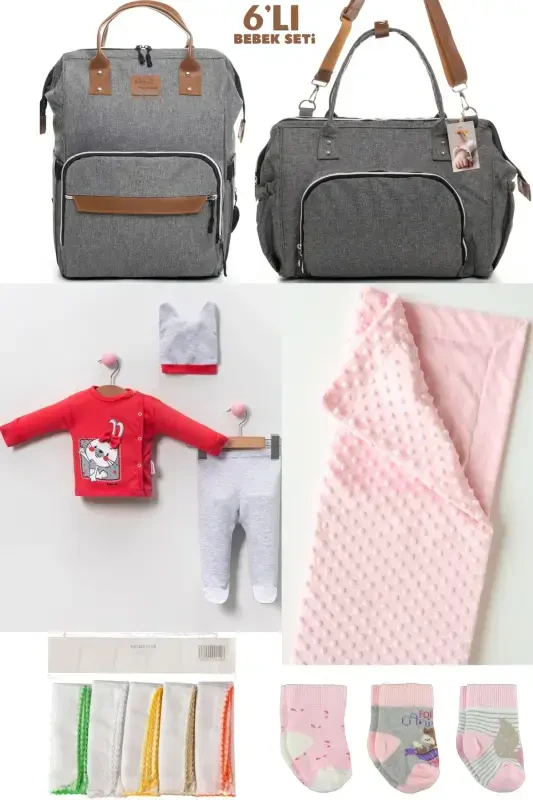 6 DOĞ'LI BEBEK SETİ (KASALXONA, ONA VA BEBEK PARVARISHI YELKA VA ORQA XALTA, ADIYAL, PAYPOQ VA RO'MOL) - KUL RANG - 1