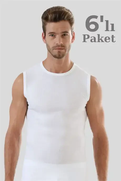 6 dona oq rangli erkaklar uchun yengsiz futbolka dumaloq yoqali nol qo'lli ko'ylak 100% paxta - 3