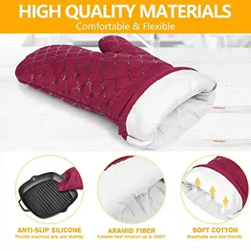 6 dona pech qo'lqoplari va tutqichlar, 500℉ issiqlikka chidamli pech qo'lqoplari, oshxona sochiqlari, yumshoq paxta astarli va sirpanmaydigan silikon sirt, pishirish, ovqat pishirish, BBQ uchun xavfsiz (qizil) - 3