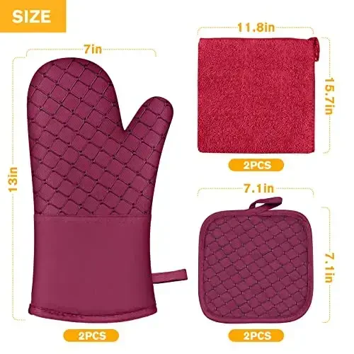 6 dona pech qo'lqoplari va tutqichlar, 500℉ issiqlikka chidamli pech qo'lqoplari, oshxona sochiqlari, yumshoq paxta astarli va sirpanmaydigan silikon sirt, pishirish, ovqat pishirish, BBQ uchun xavfsiz (qizil) - 7