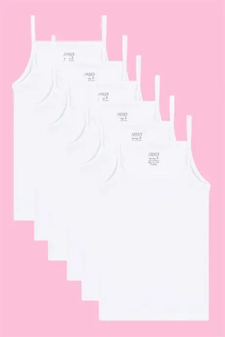 6 dona qizlar uchun atletik ko'ylak - Ipsimon, Oq, 100% paxtadan tikilgan - BÜYÜKBEDENIZ