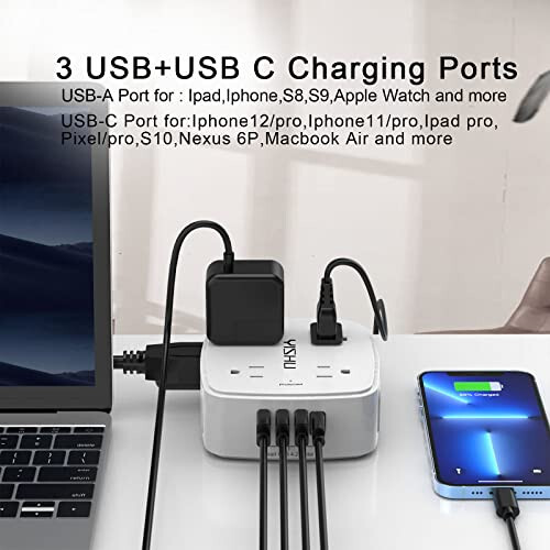 6 Fitlik Akım Koruyucu Priz - 8 Geniş Çıkışlı ve 4 USB Portlu, 3 Yan Çıkışlı Uzatma Kablolu, Düz Fişli, Duvara Montajlı, Masaüstü USB Şarj İstasyonu, ETL, Beyaz - 3