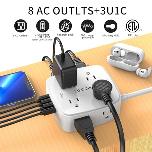 6 Fitlik Akım Koruyucu Priz - 8 Geniş Çıkışlı ve 4 USB Portlu, 3 Yan Çıkışlı Uzatma Kablolu, Düz Fişli, Duvara Montajlı, Masaüstü USB Şarj İstasyonu, ETL, Beyaz - 5