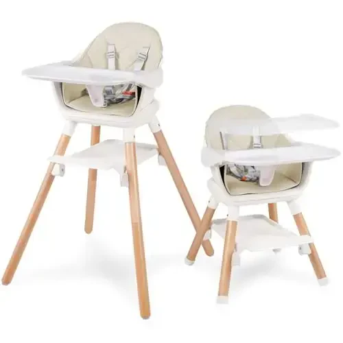 6 in 1 Baby High Chair, Convertible Wooden High Chairs/Booster Seat for Babies and Toddlers, Baby Feeding Chair with 5-Point Harness/Double Removable Tray & Adjustable Footrest (Beige) 