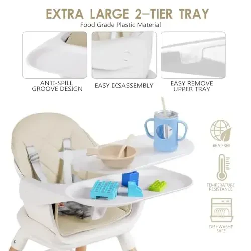 6 in 1 Baby High Chair, Convertible Wooden High Chairs/Booster Seat for Babies and Toddlers, Baby Feeding Chair with 5-Point Harness/Double Removable Tray & Adjustable Footrest (Beige) - 3