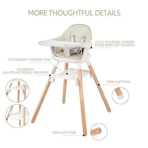 6 in 1 Baby High Chair, Convertible Wooden High Chairs/Booster Seat for Babies and Toddlers, Baby Feeding Chair with 5-Point Harness/Double Removable Tray & Adjustable Footrest (Beige) - 5