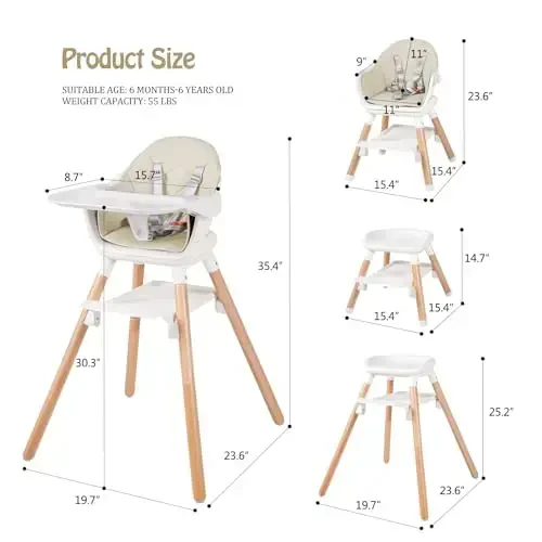 6 in 1 Baby High Chair, Convertible Wooden High Chairs/Booster Seat for Babies and Toddlers, Baby Feeding Chair with 5-Point Harness/Double Removable Tray & Adjustable Footrest (Beige) - 6