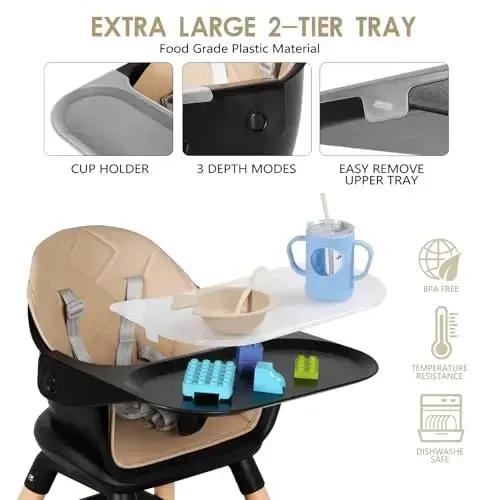 6 in 1 Baby High Chair, Convertible Wooden High Chairs/Booster Seat for Babies and Toddlers, Baby Feeding Chair with 5-Point Harness/Double Removable Tray & Adjustable Footrest (Black) - 3