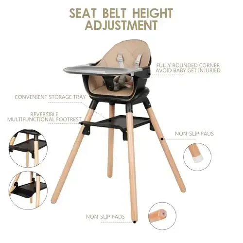 6 in 1 Baby High Chair, Convertible Wooden High Chairs/Booster Seat for Babies and Toddlers, Baby Feeding Chair with 5-Point Harness/Double Removable Tray & Adjustable Footrest (Black) - 5