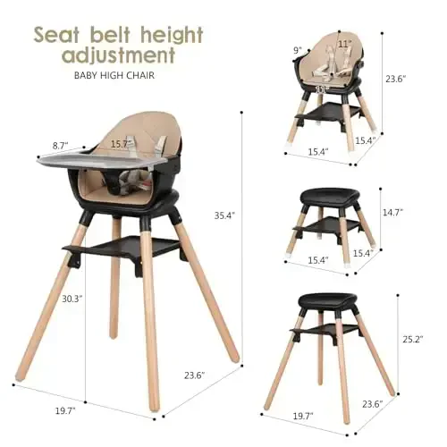 6 in 1 Baby High Chair, Convertible Wooden High Chairs/Booster Seat for Babies and Toddlers, Baby Feeding Chair with 5-Point Harness/Double Removable Tray & Adjustable Footrest (Black) - 6