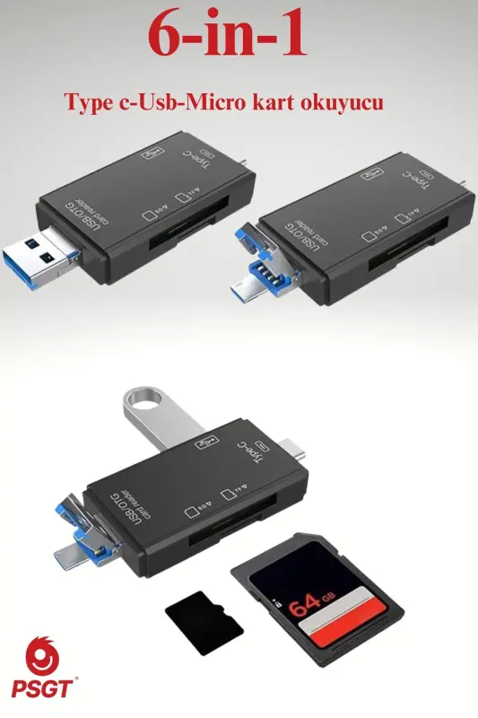 6 in 1 OTG USB kart okuyucu USB0,3 type-c/TF/SD hafıza kartı Laptop aksesuarları adaptörü-kart okuyucu Siyah - OEM