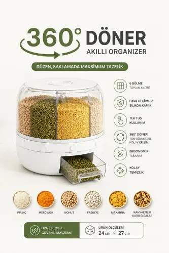 6 Kg Sig'imli Styles Oziq-ovqat va Baklavya Saqlash Konteyneri, 6 Xona, 360 Daraja Aylanadigan Organizator - 3