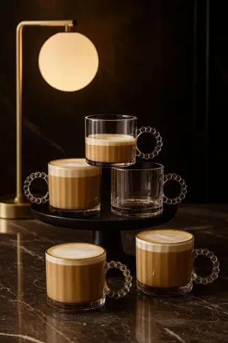 6 Lı Cam Boncuk Kulplu Bardak Kupa Çay Kahve Meşrubat Bardağı 325ml - 1